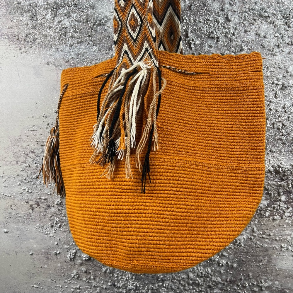 Handcrafted dark orange woven drawstring Tote Bag